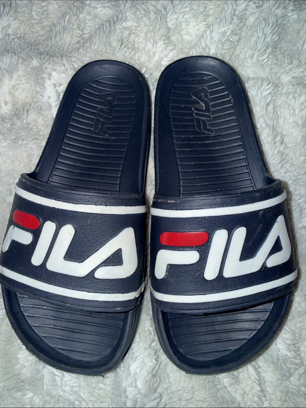 Fila Kids Navy Slide Sandals with White Logo and Red Accent